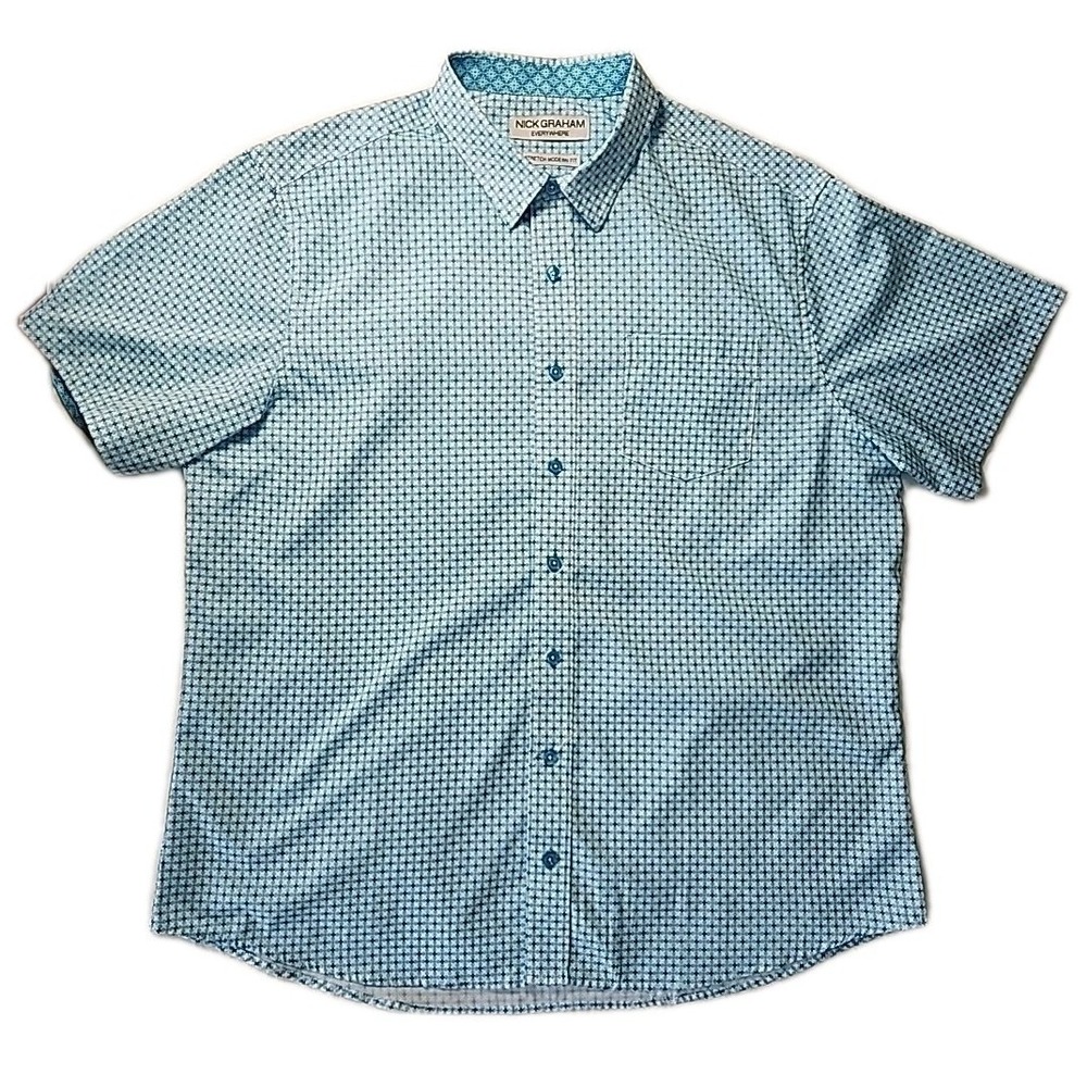 Nick Graham Everywhere Mens XL Performance Sport Stretch Modern Fit Teal AOP EUC
